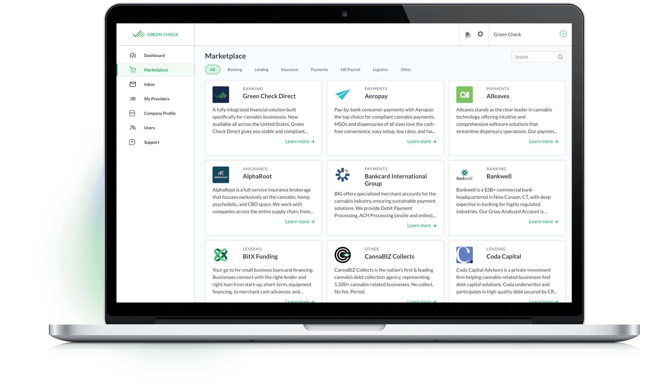 A laptop screen displays GCV’s Marketplace, featuring a curated network of cannabis-friendly service providers across banking, payments, insurance, and lending:
Dispensary Growth Starts with Access: Meadow-integrated dispensaries can plug directly into the GCV ecosystem to discover vetted partners—without leaving the Meadow environment.
POS Data Powers Financial Matching: Meadow’s real-time sales and compliance data help GCV match businesses with institutions that fit their needs and risk profiles.