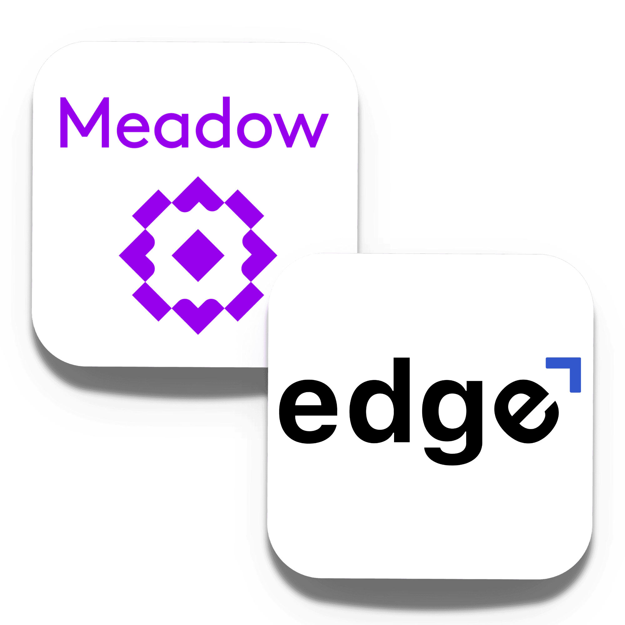 A sleek, minimalist graphic emphasizes the seamless integration between Meadow and Edge. At the top left, Meadow's distinctive logo, with its clean, geometric purple design and bold typography, represents Meadow’s comprehensive dispensary software. Flowing organically towards the bottom right corner is Edge’s crisp, blue icon featuring sharp, clean lines, symbolizing its intelligent automated feedback and performance management capabilities. The thoughtful overlap visually communicates a harmonious data flow: Meadow accurately tracks fulfilled orders, while Edge activates automated review prompts, real-time feedback, and insightful dashboards. The integration visual effectively showcases the synergy between Meadow’s robust operational backbone and Edge’s advanced tools for cultivating dispensary reputation and staff performance.