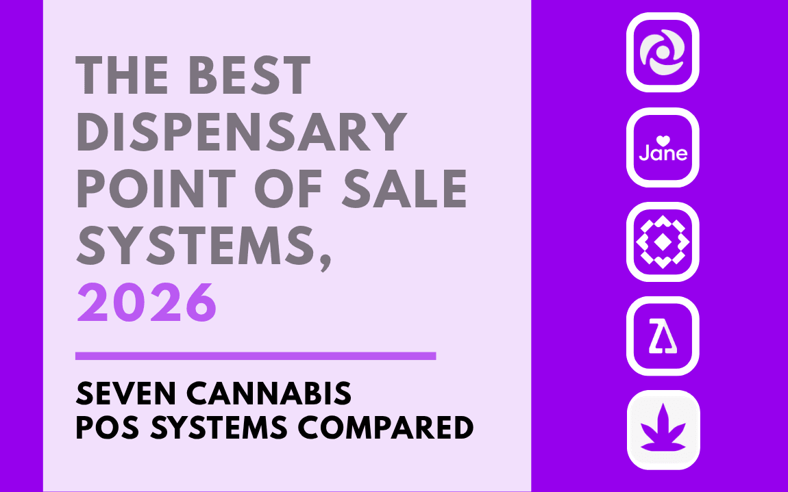 The Best Dispensary Point of Sale Systems, 2026: top seven cannabis POS systems compared, with logos of the leading dispensary POS platforms on a purple background.