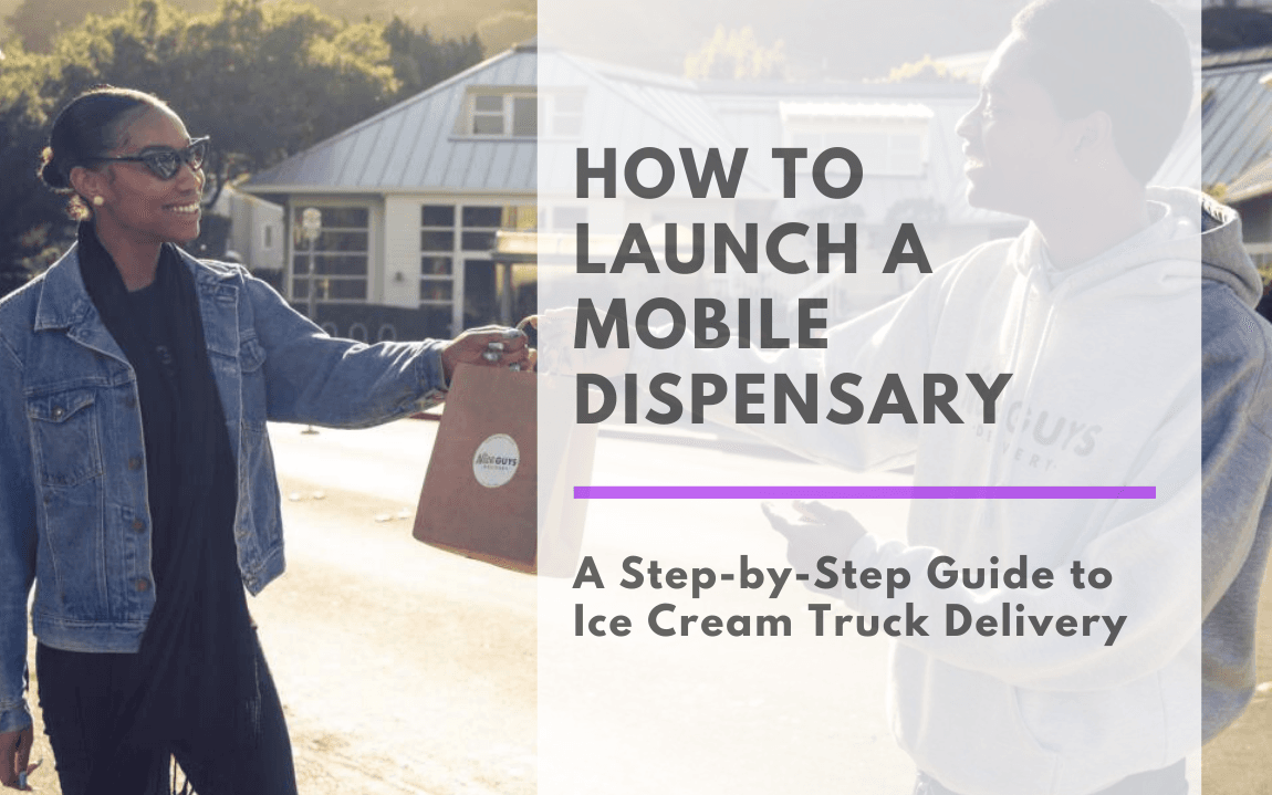 The image shows a smiling woman in sunglasses and a denim jacket receiving a brown paper bag from a mobile dispensary driver. The setting appears to be a sunny suburban neighborhood, with trees and a house in the background. Overlaid on the right side of the image is a translucent gradient with the following text:
HOW TO LAUNCH A MOBILE DISPENSARY
A Step-by-Step Guide to Ice Cream Truck Delivery
The design conveys approachability, professionalism, and clarity—suitable for a cannabis business guide or educational resource on mobile dispensary operations.